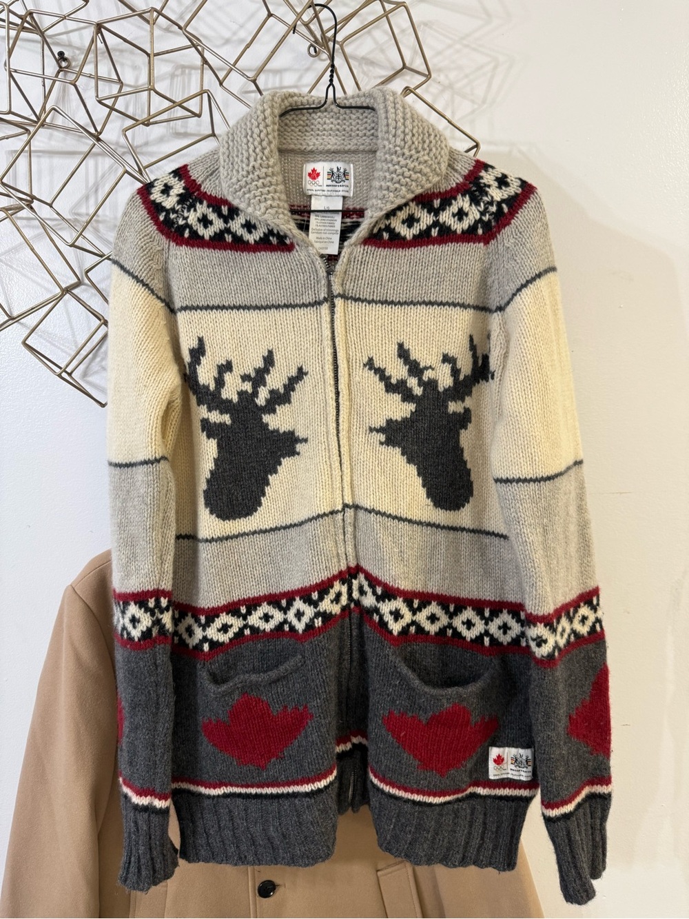 The Bay Hand-Knit Moose Pattern Zip-Up Sweater Jacket - Gray, Cream & Red